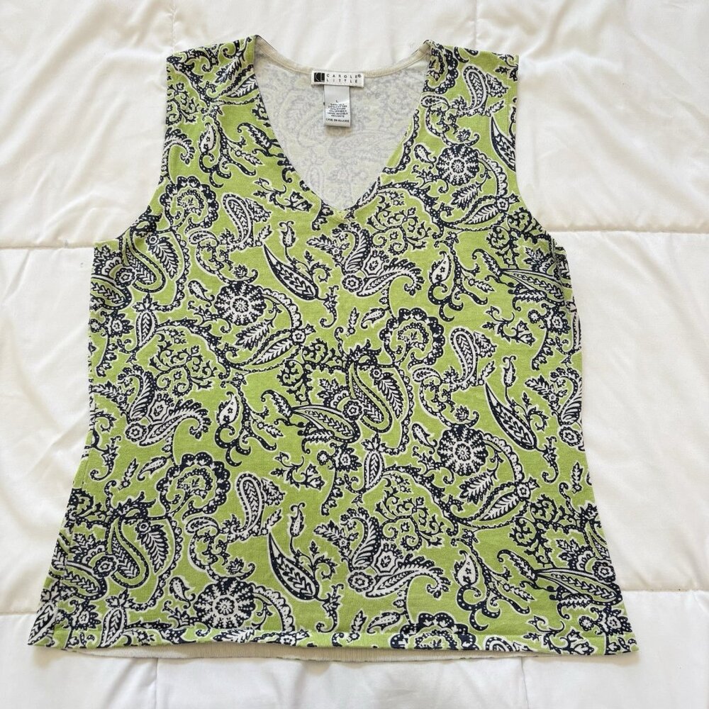 Vintage Tank Top Womens Large Green V-Neck Silk Blend Paisley Summer Beach Y2K